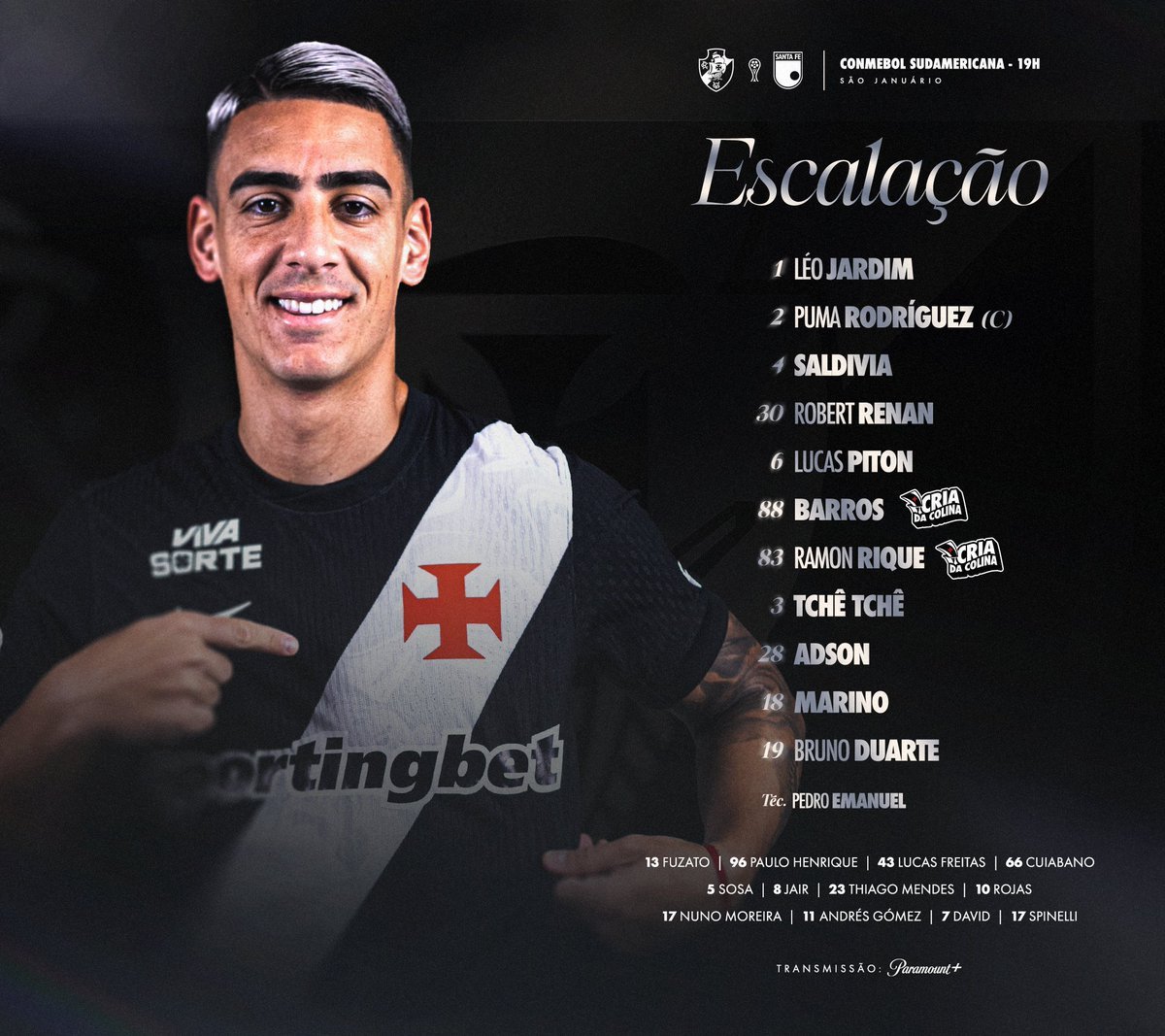 Vasco divulga escalação, jogará de preto e enfrenta gramado castigado contra o Santa Fe em São Januário
