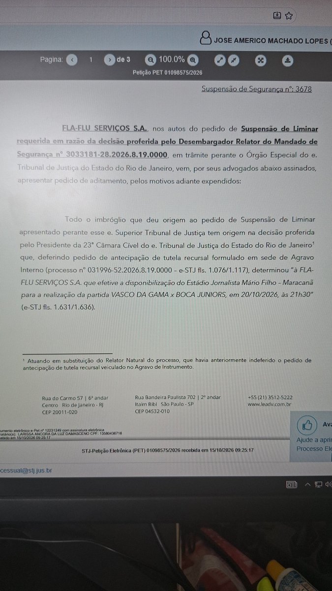 Sócio-torcedor vascaíno peticiona no STJ de madrugada e detona Fla-Flu: 'Grama não é ordem pública'